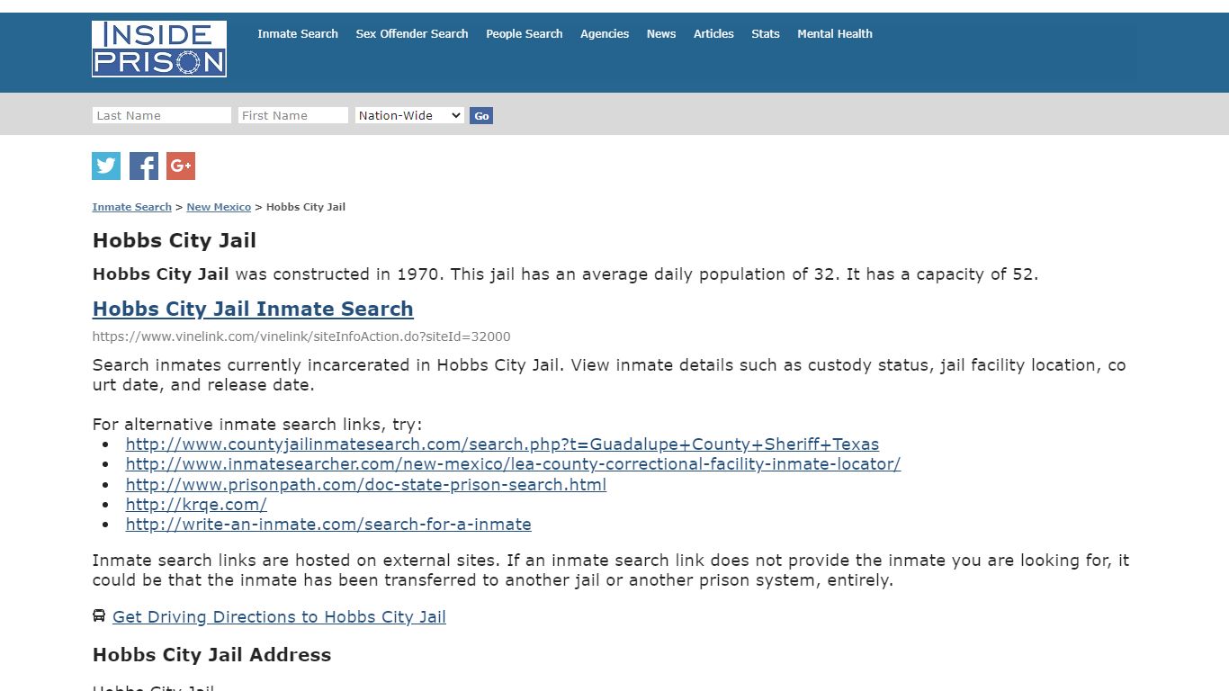 Hobbs City Jail - New Mexico - Inmate Search - Inside Prison